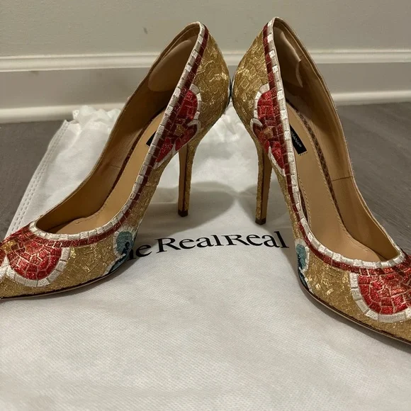 Dolce & Gabbana Gold and Red Floral Embroidered Heels - Picture 3 of 8
